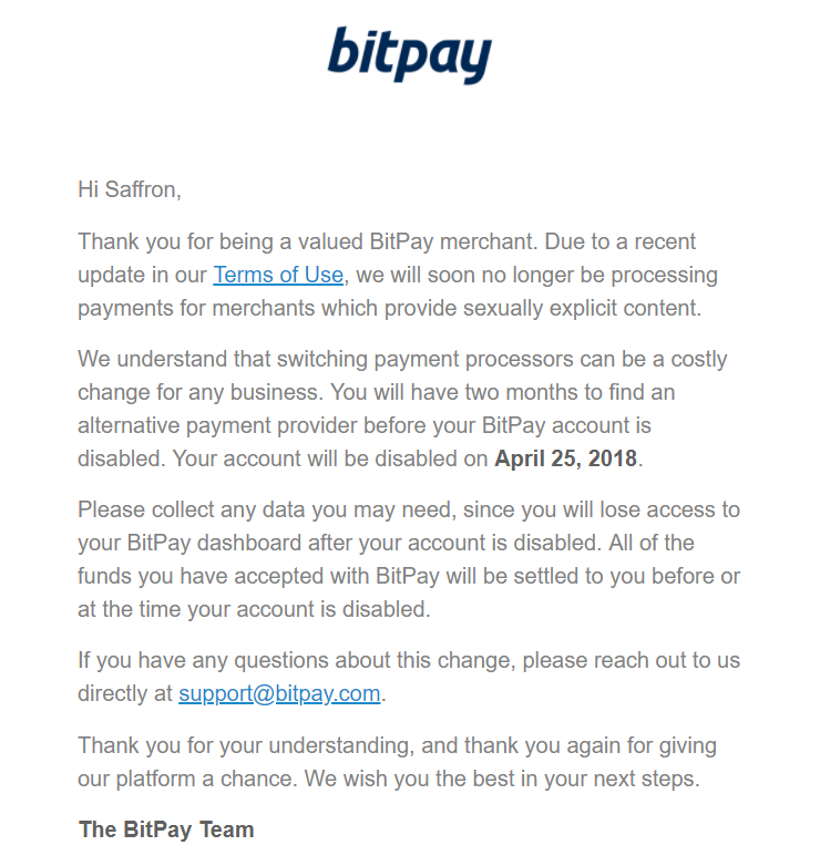 BitPay начал рассылку уведомлений о предстоящей блокировке аккаунтов, нарушающих новые правила