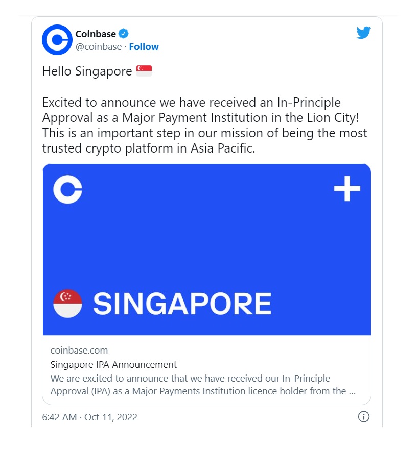Биржа Coinbase оформила лицензию в Сингапуре