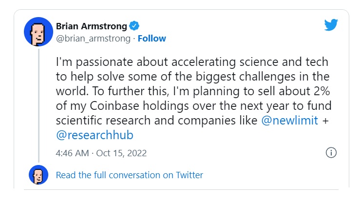 Брайан Армстронг продаст часть акций биржи Coinbase
