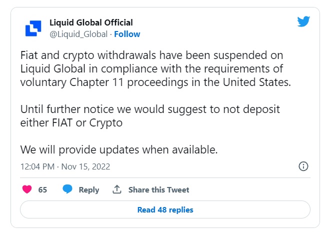 Криптобиржа Liquid заблокировала вывод средств