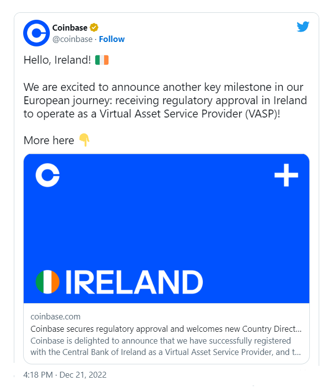 Биржа Coinbase оформила лицензию в Ирландии