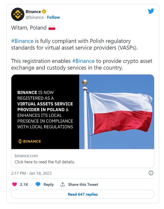 Binance получила одобрение от польских властей