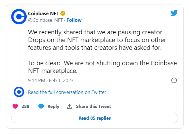 Coinbase отключила некоторые функции своего NFT-маркетплейса