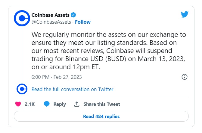 Биржа Coinbase остановит торговлю монетой Binance USD