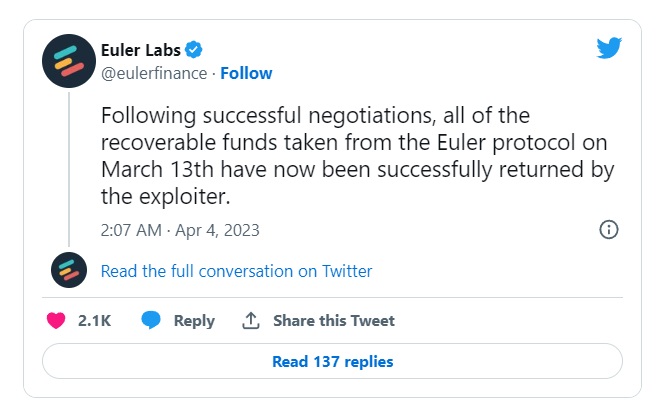 Хакер вернул Euler Finance еще часть украденных монет