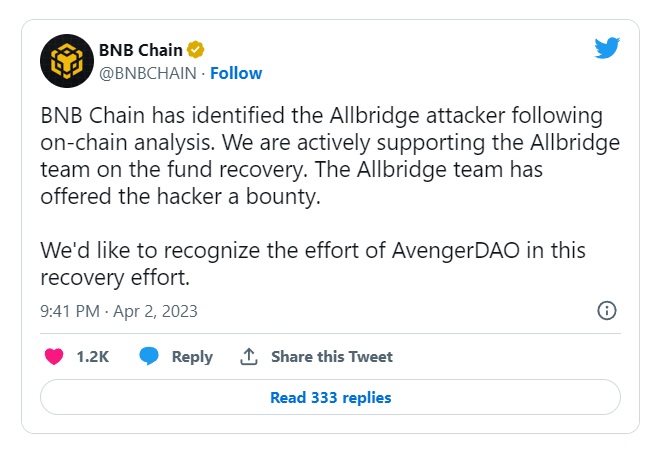 Разработчики BNB Chain вычислили хакера, взломавшего Allbridge