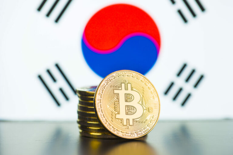 Golden bitcoins and South Korea flag