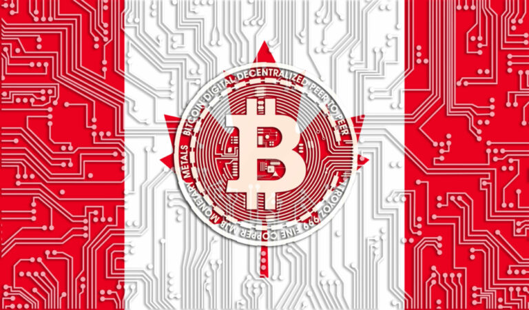 flag of Canada and bitcoin, Integrated Circuit Board pattern. Bitcoin Stock Growth